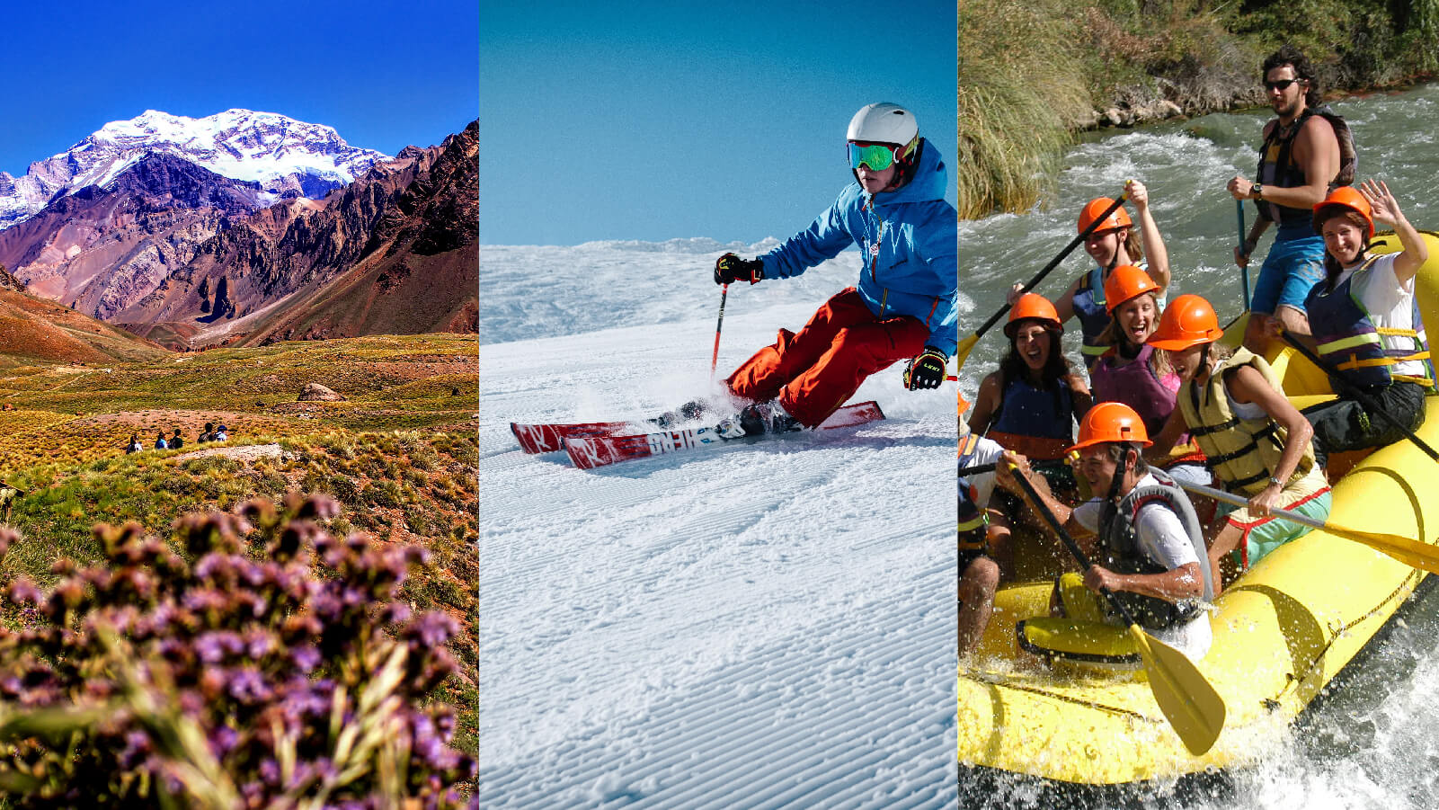 Colagem fotográfica que mostra três imagens representativas de atividades de turismo de aventura que podem ser realizadas em Mendoza: como caminhadas nas montanhas, esqui e rafting.